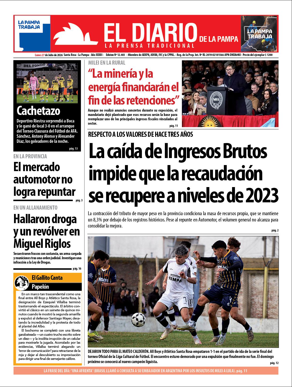 Tapa de El Diario en papel  lunes 27 de julio de 2026